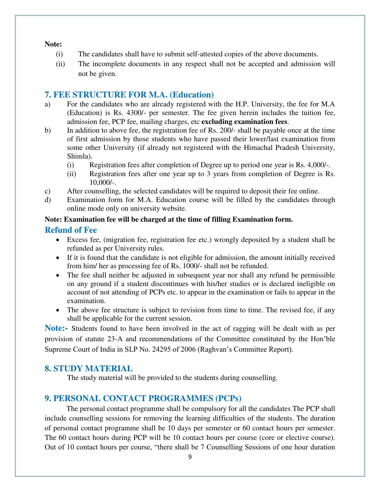 Himachal Pradesh University (HPU), Shimla M.A. Education 2021-22 (Prospectus) - Page 9