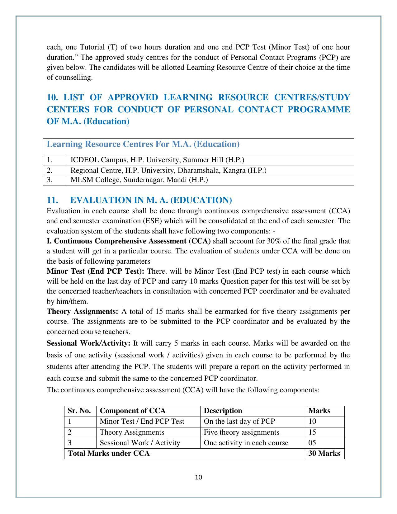 Himachal Pradesh University (HPU), Shimla M.A. Education 2021-22 (Prospectus) - Page 10