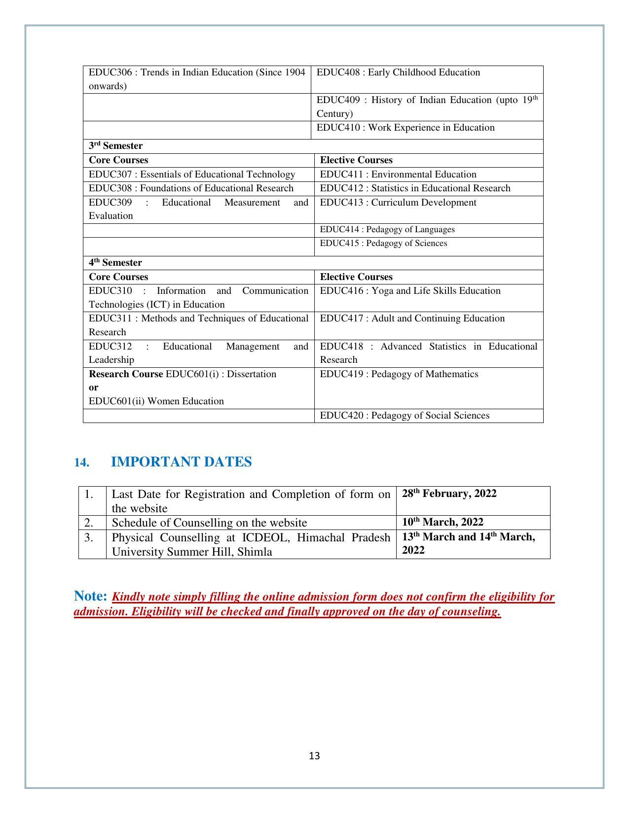 Himachal Pradesh University (HPU), Shimla M.A. Education 2021-22 (Prospectus) - Page 13