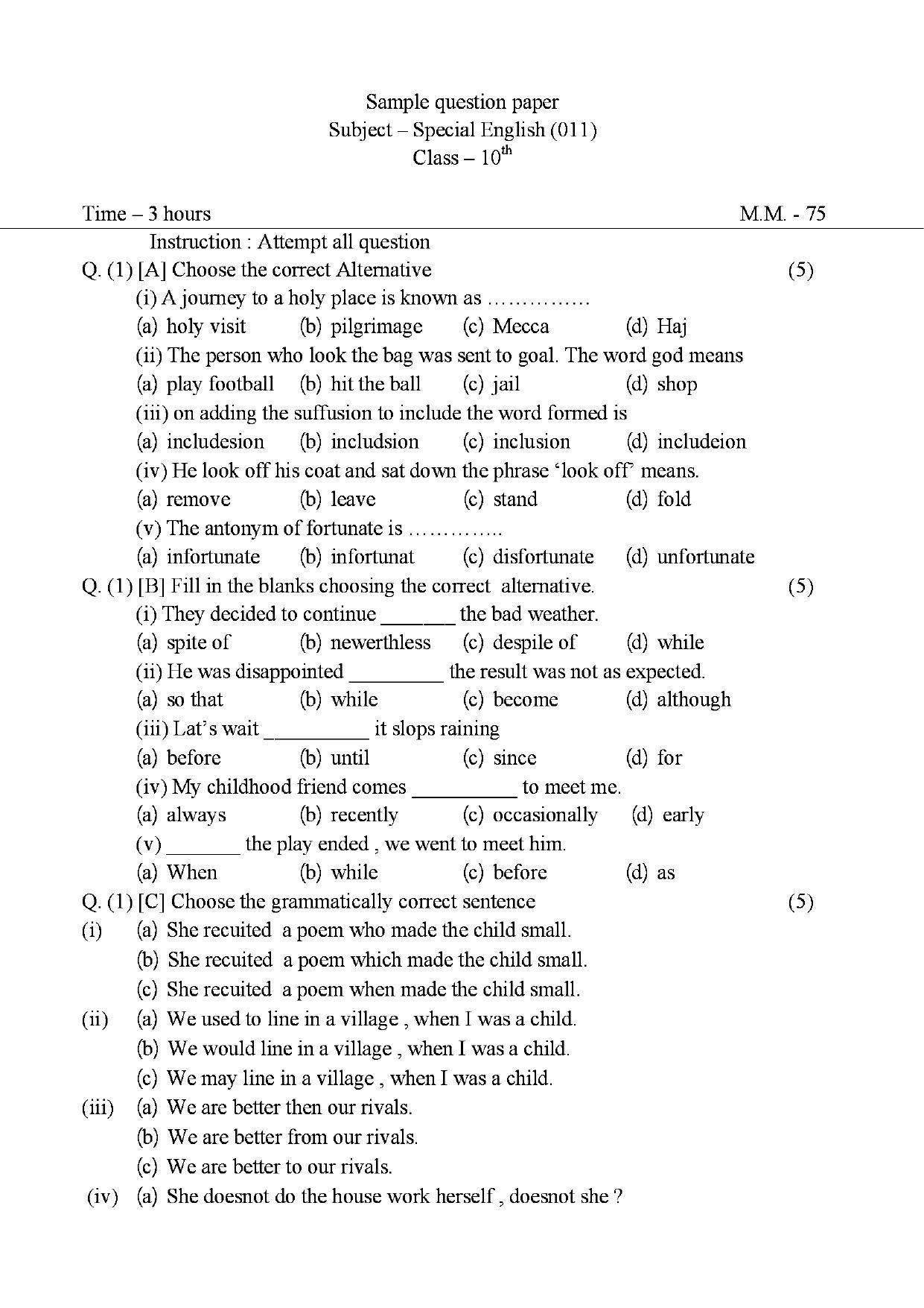 CGBSE Class 10th English Special Sample Paper - Page 1