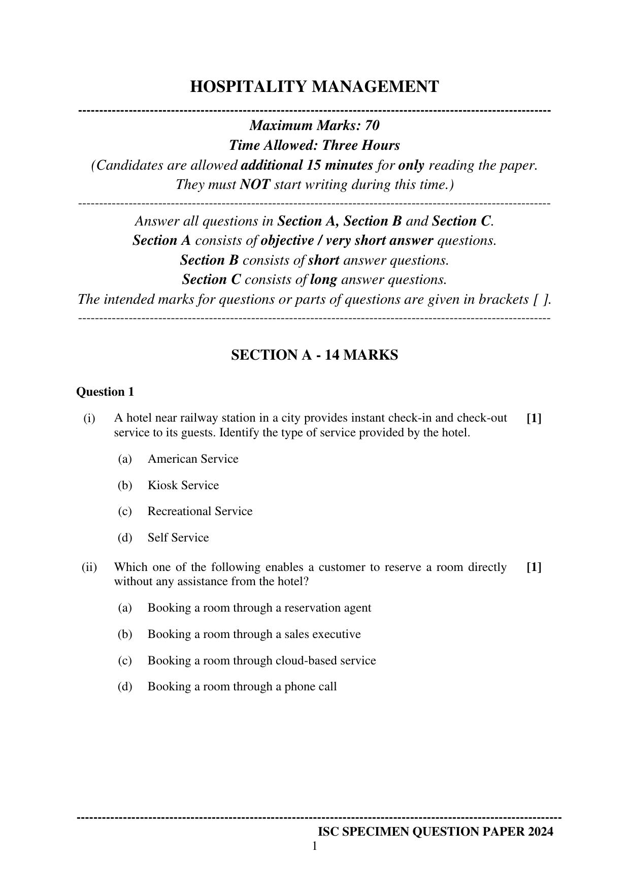 ISC Class 12 2024 Hospitality Management Sample Paper - Page 1