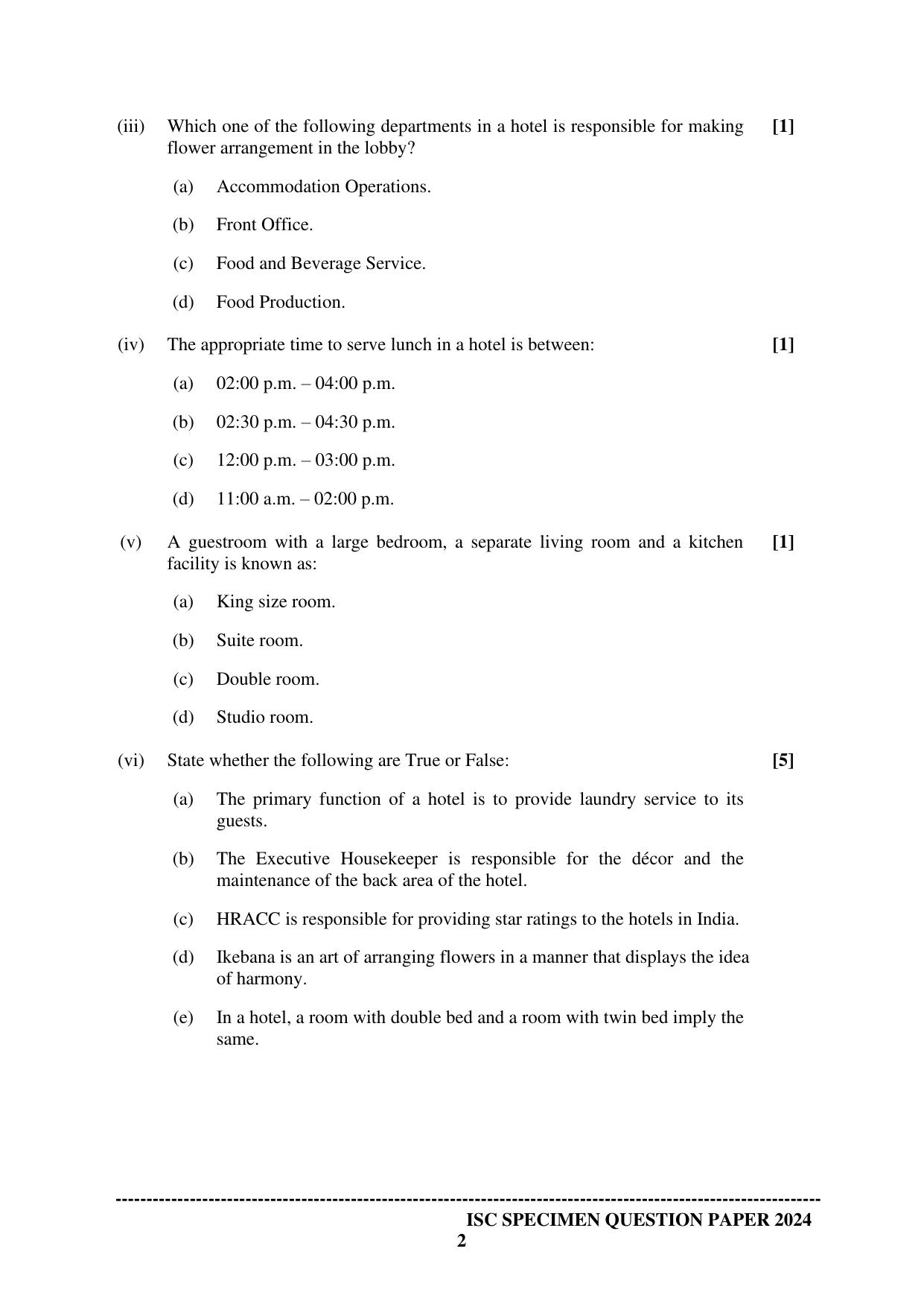 ISC Class 12 2024 Hospitality Management Sample Paper - Page 2
