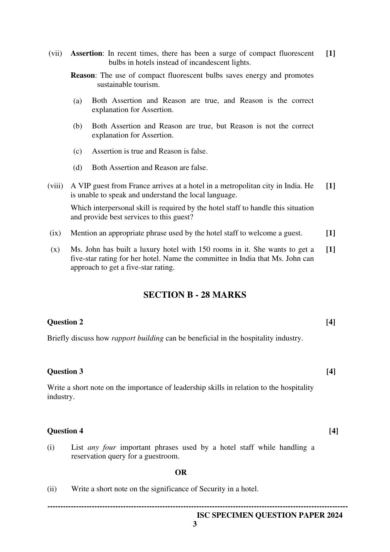 ISC Class 12 2024 Hospitality Management Sample Paper - Page 3