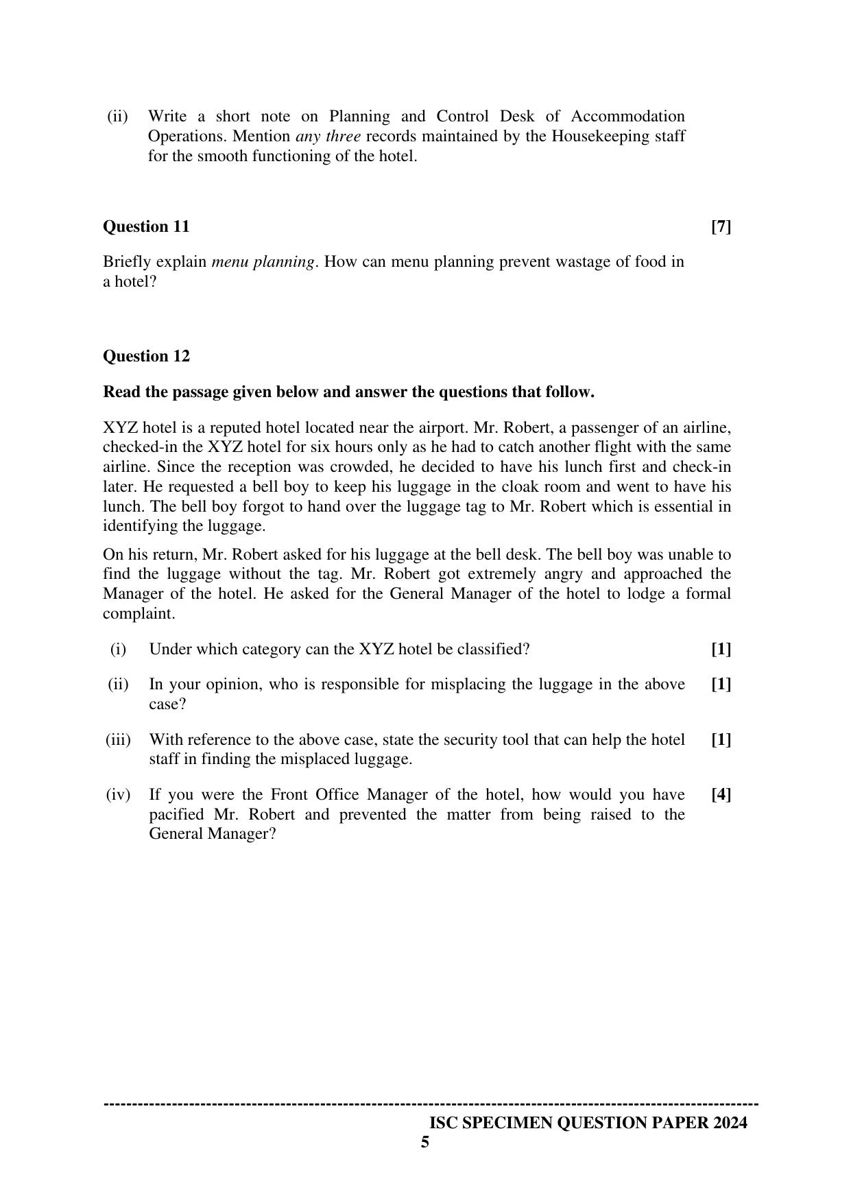 ISC Class 12 2024 Hospitality Management Sample Paper - Page 5