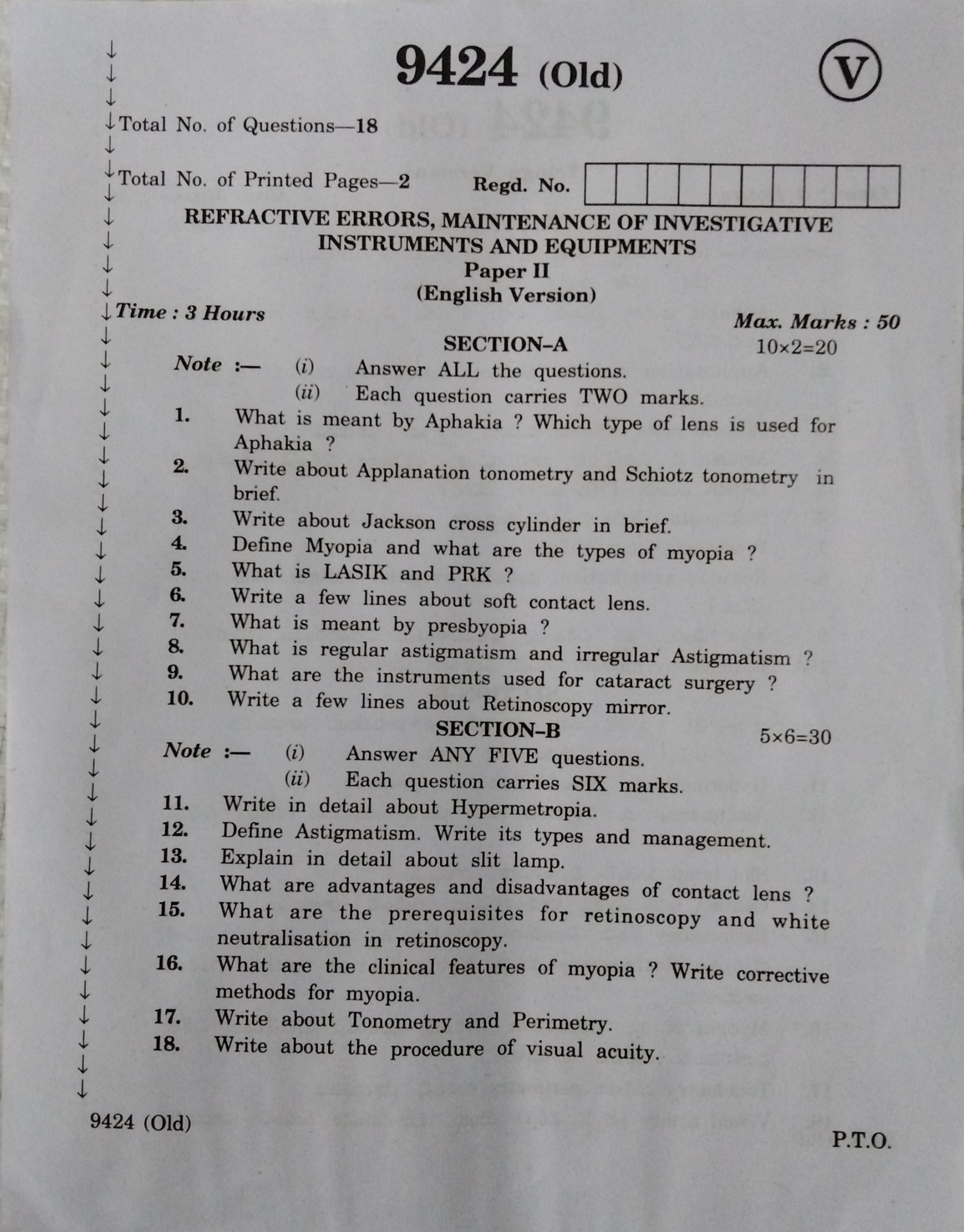 AP Inter 2nd Year Refractive Errors Maintenance of Investigative Instruments Equipments-II (old) March-2020-Vocational Question Paper - Page 1
