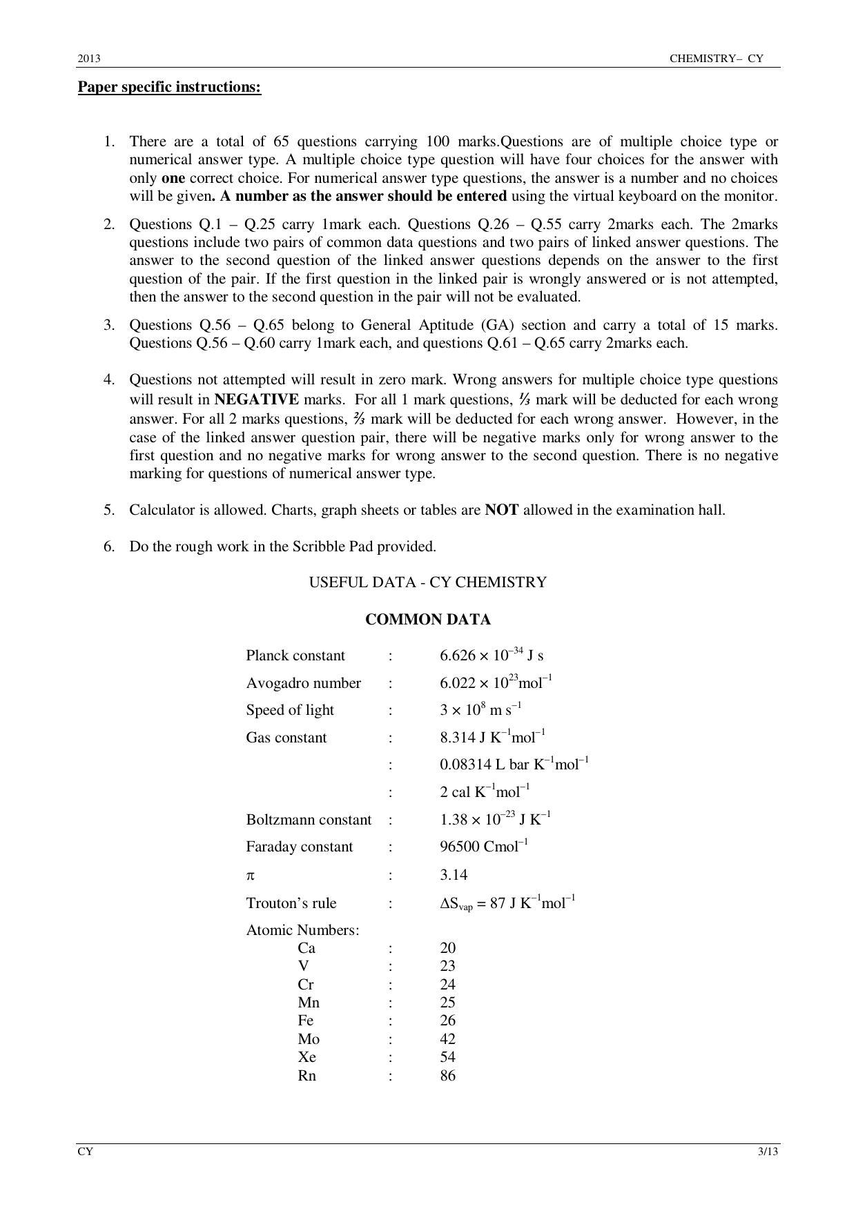 GATE 2013 Chemistry (CY) Question Paper with Answer Key - Page 3