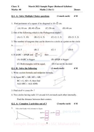 Maharashtra Board SSC Maths 2 Sample 2021 Question Paper