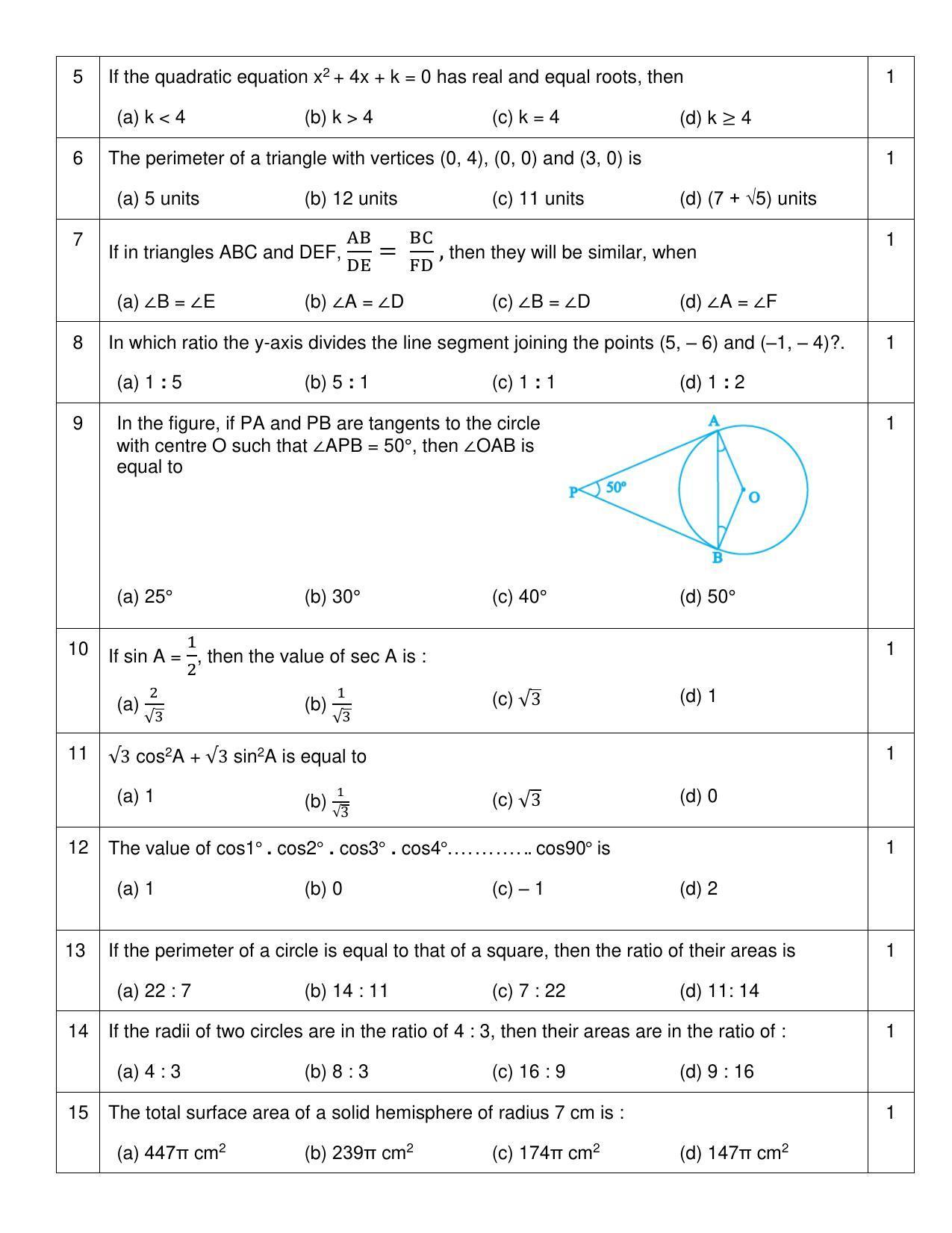 CBSE Class 10 Mathematics (Basic) Sample Papers 2023 - Page 2
