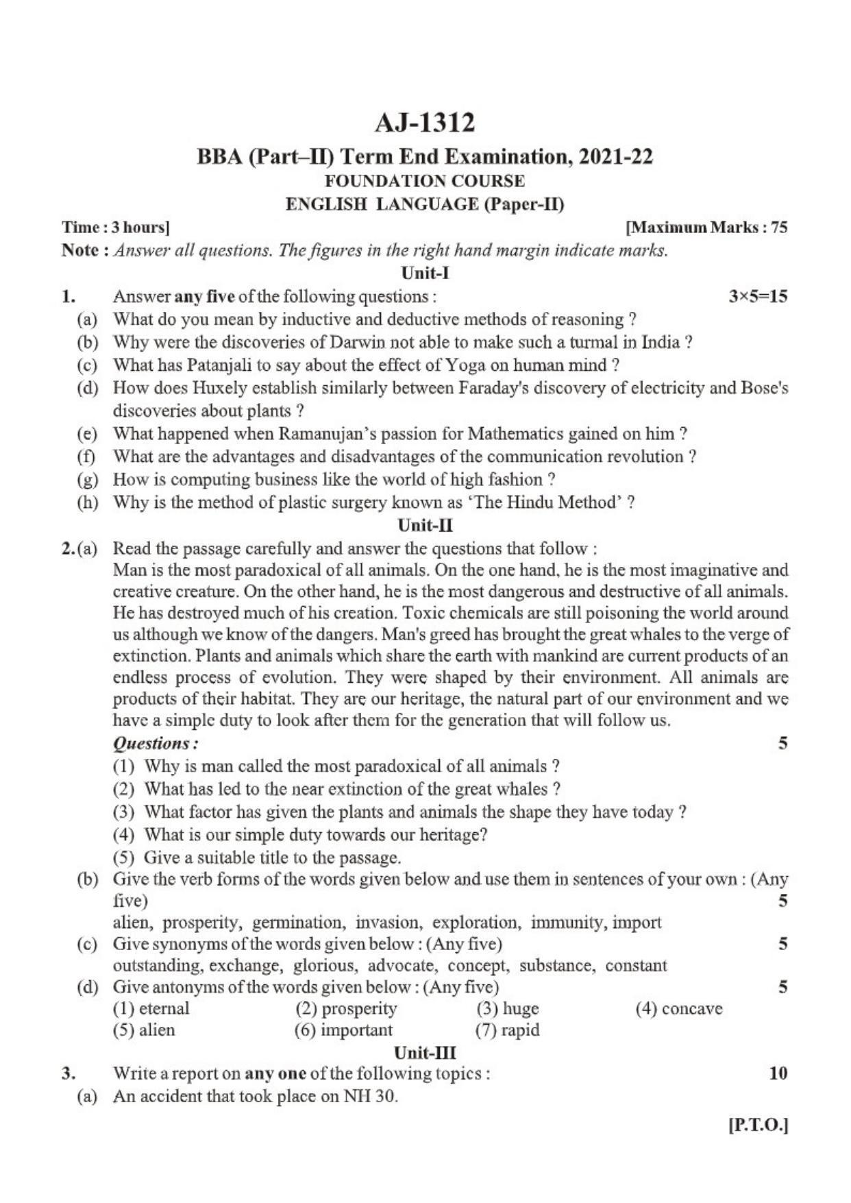 Bilaspur University Question Paper 2021-2022: B.B.A. Part-II (Two) FC:English Language Paper 1 - Page 1