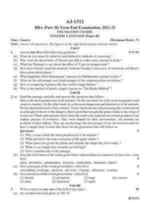 Bilaspur University Question Paper 2021-2022: B.B.A. Part-II (Two) FC:English Language Paper 1
