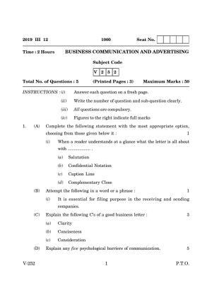 Goa Board Class 12 Business Communication and Advertising  2019 (March 2019) Question Paper