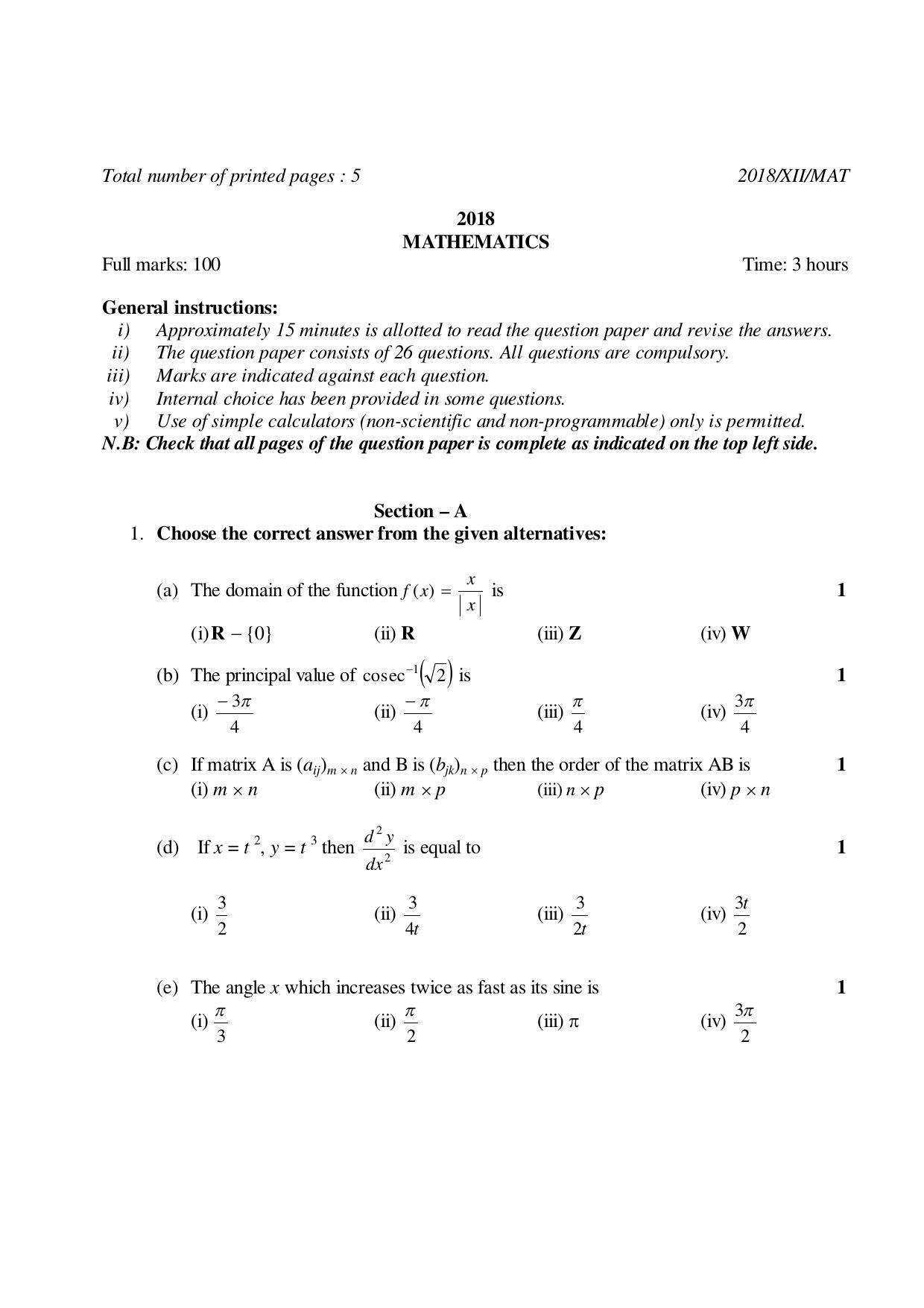 Nagaland Board Class 12 MATHEMATICS 2018 Question Papers - Page 1