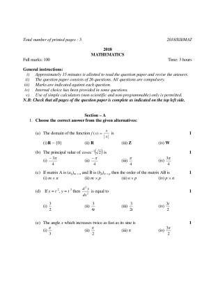 Nagaland Board Class 12 MATHEMATICS 2018 Question Papers