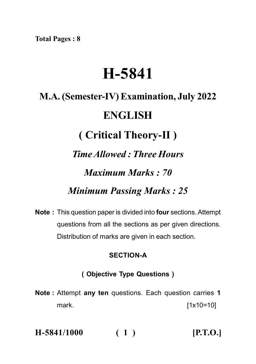 Sarguja University Question Paper July-2022 :  M.A. In English((Fourth sem.)Critical Theories-II Paper 1 - Page 1
