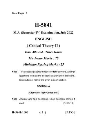 Sarguja University Question Paper July-2022 :  M.A. In English((Fourth sem.)Critical Theories-II Paper 1