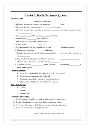 CBSE Worksheets for Class 7 Science Winds, Storms and Cyclones Assignment