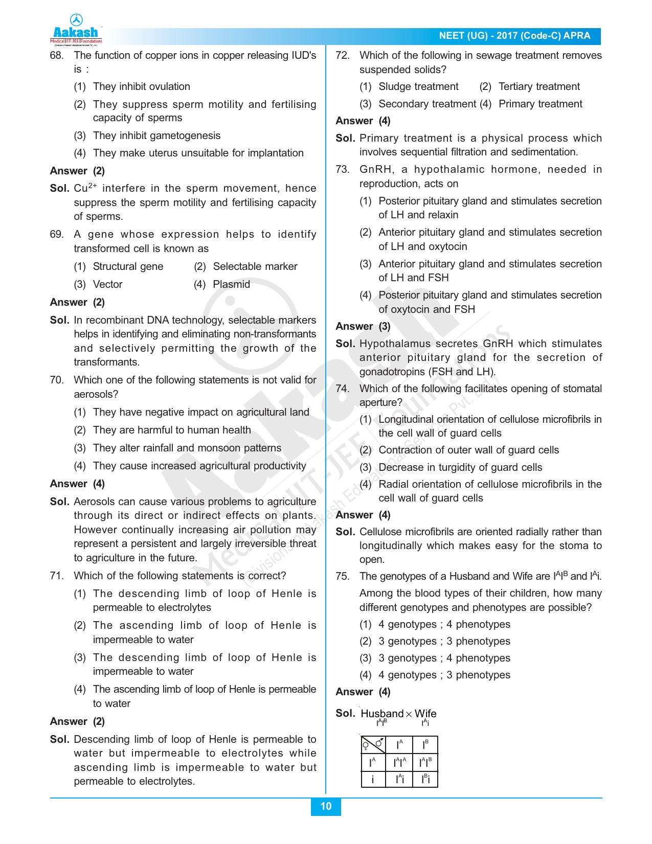  NEET Code C 2017 Answer & Solutions - Page 10
