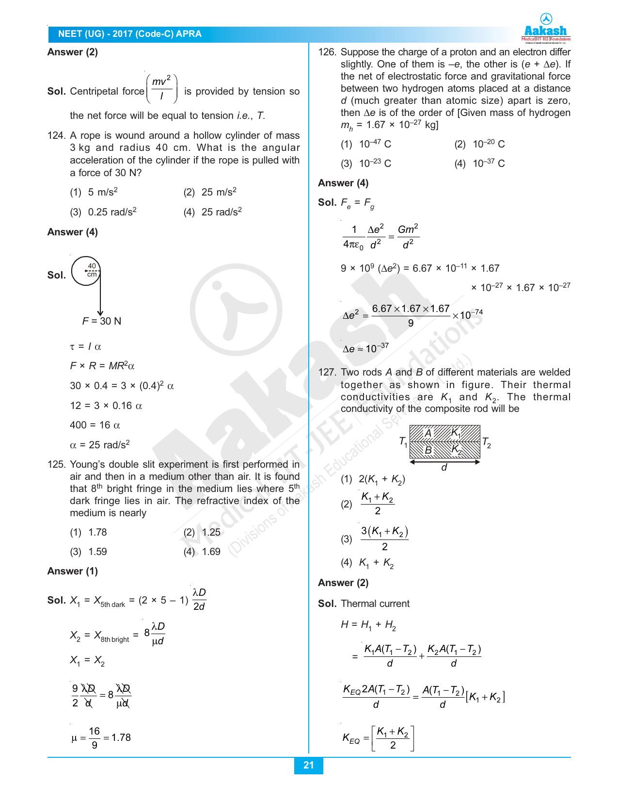  NEET Code C 2017 Answer & Solutions - Page 21