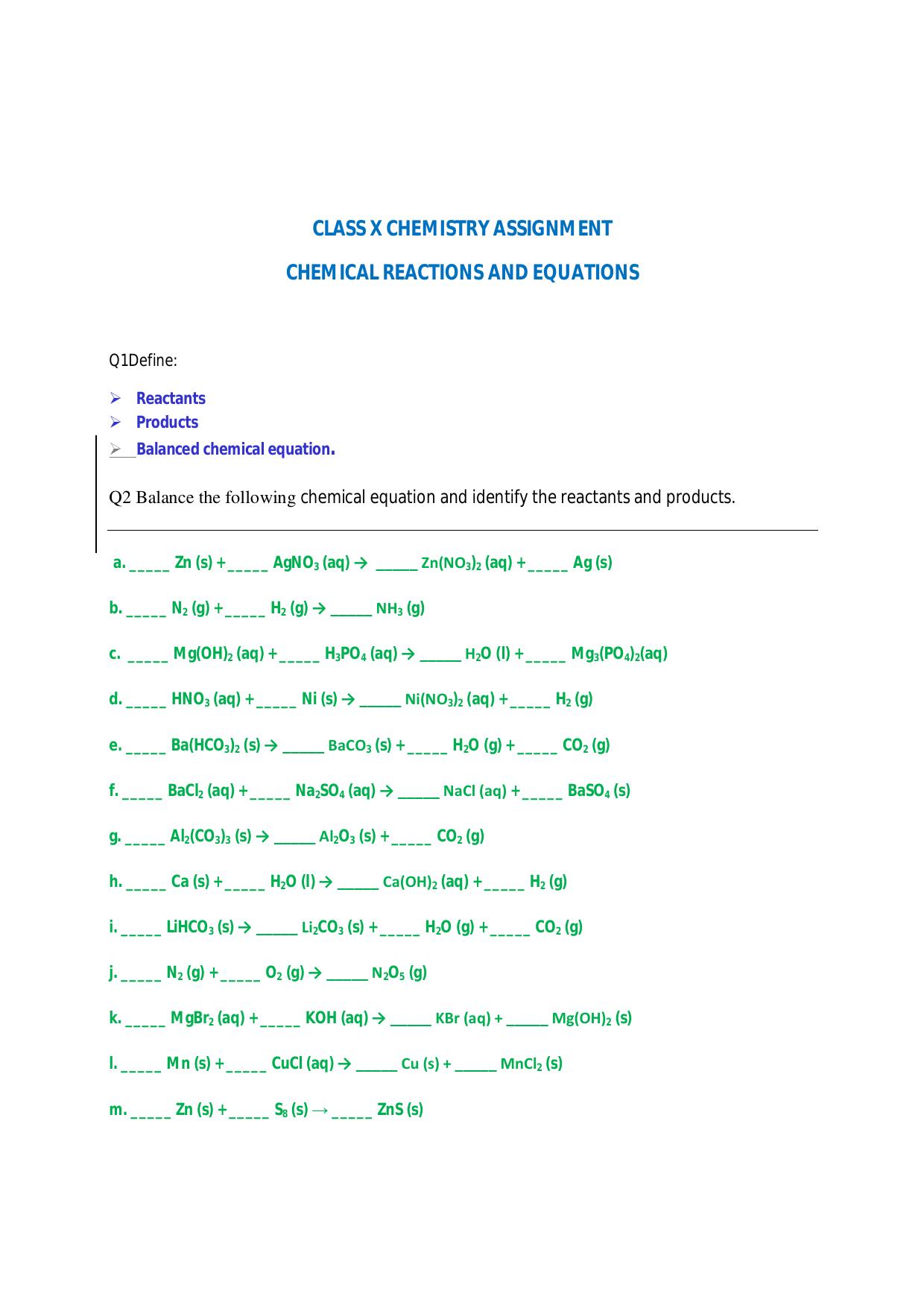 CBSE Worksheets for Class 10 Chemistry Chemical Reactions And Equations Assignment 1 - Page 1