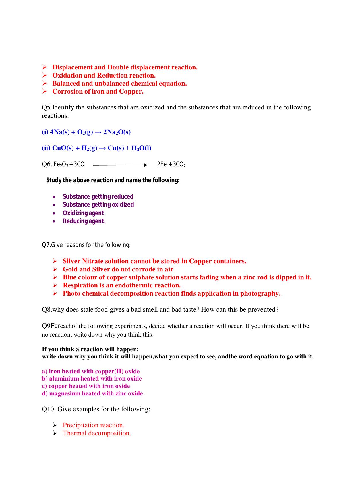 CBSE Worksheets for Class 10 Chemistry Chemical Reactions And Equations Assignment 1 - Page 3