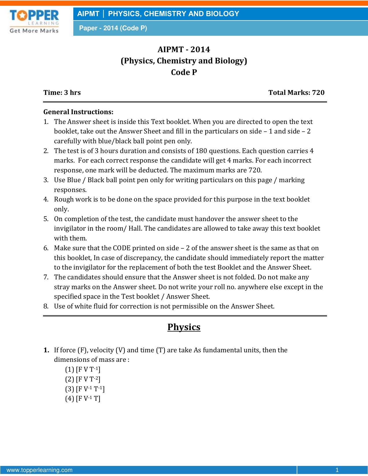 NEET Code P 2014 Question Paper - Page 1