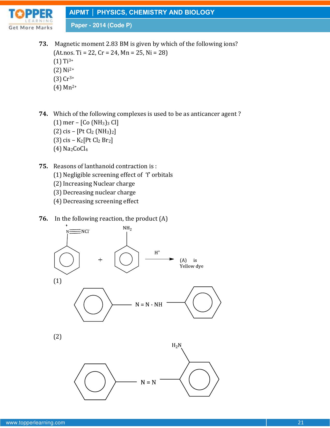 NEET Code P 2014 Question Paper - Page 21
