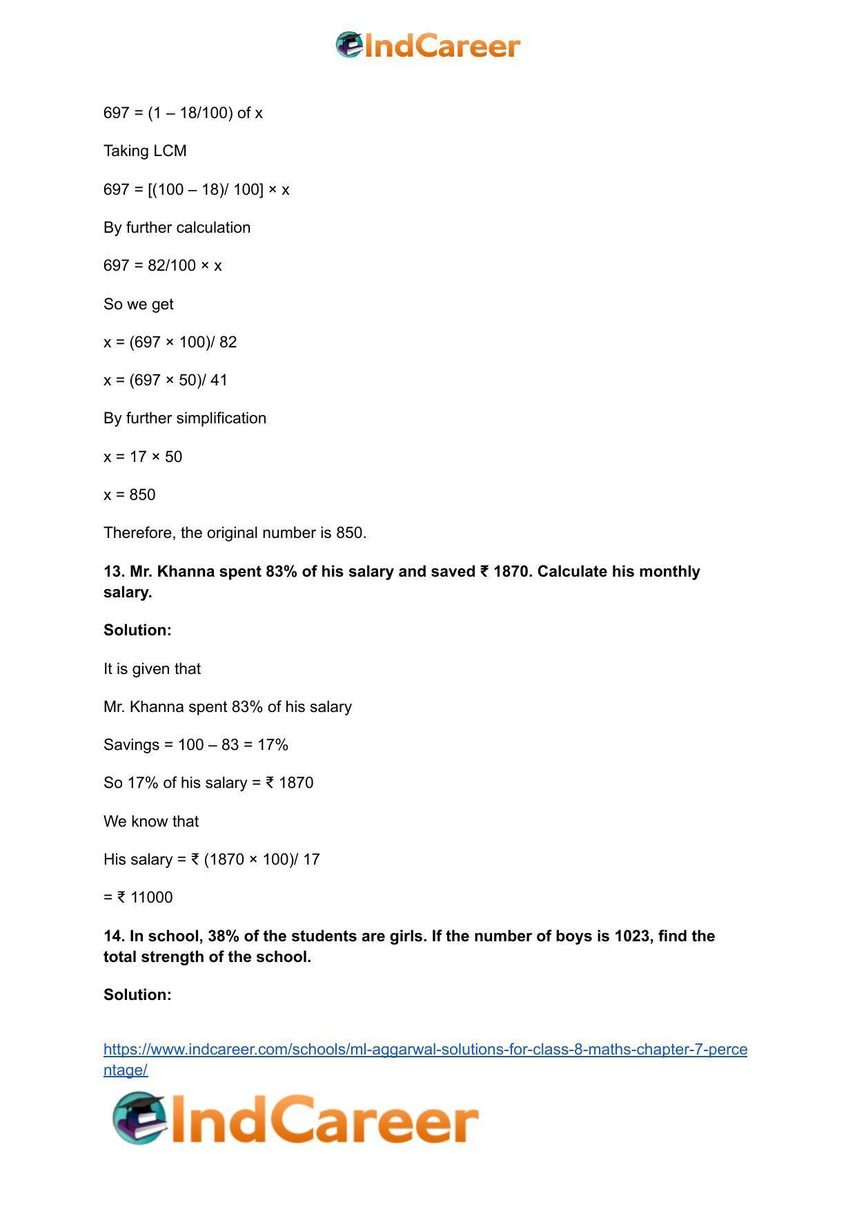 ML Aggarwal Solutions for Class 8 Maths Chapter 7- Percentage - Page 14