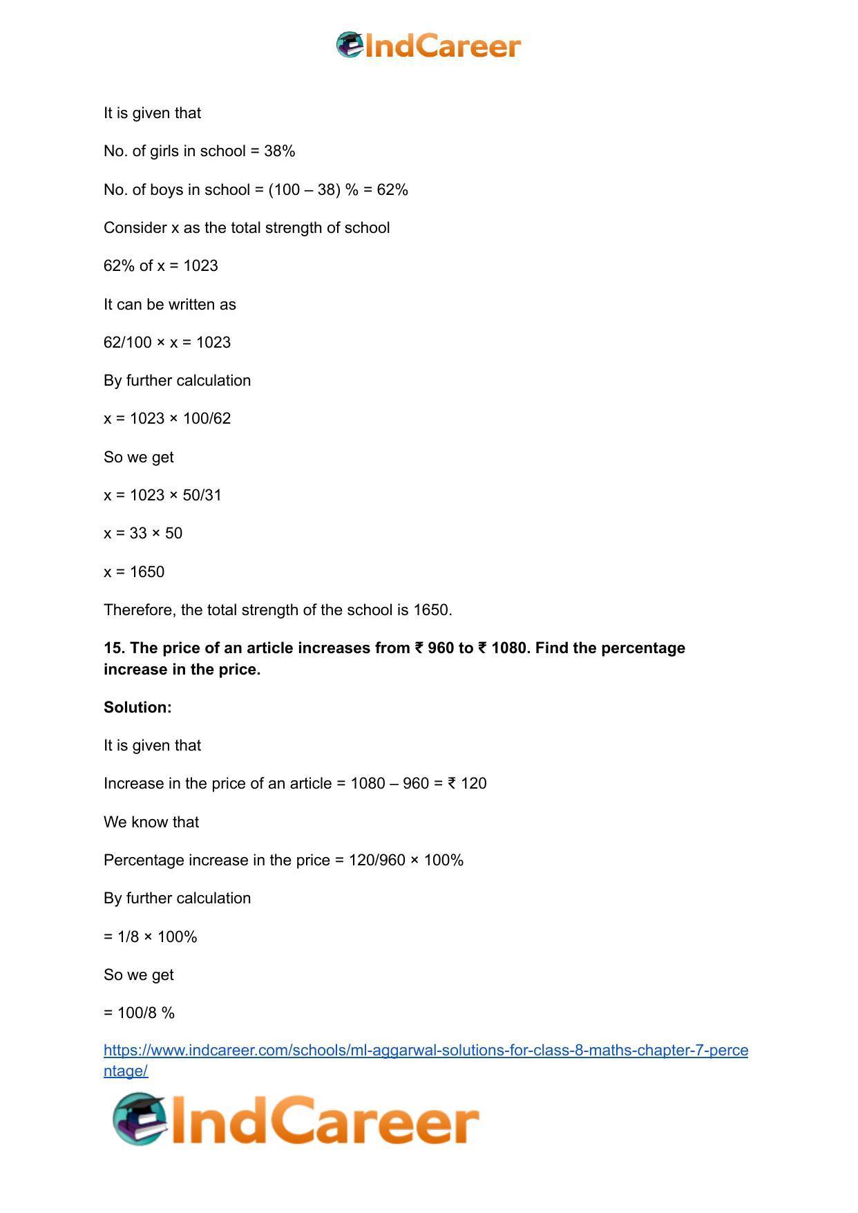ML Aggarwal Solutions for Class 8 Maths Chapter 7- Percentage - Page 15