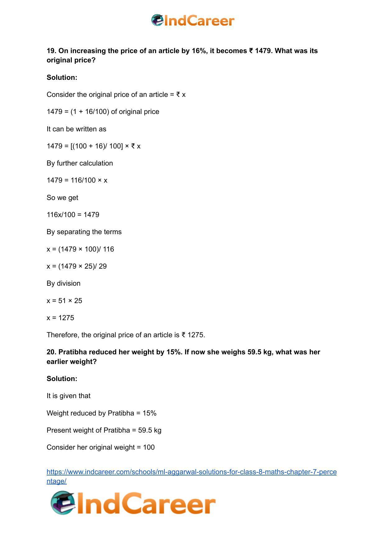 ML Aggarwal Solutions for Class 8 Maths Chapter 7- Percentage - Page 20