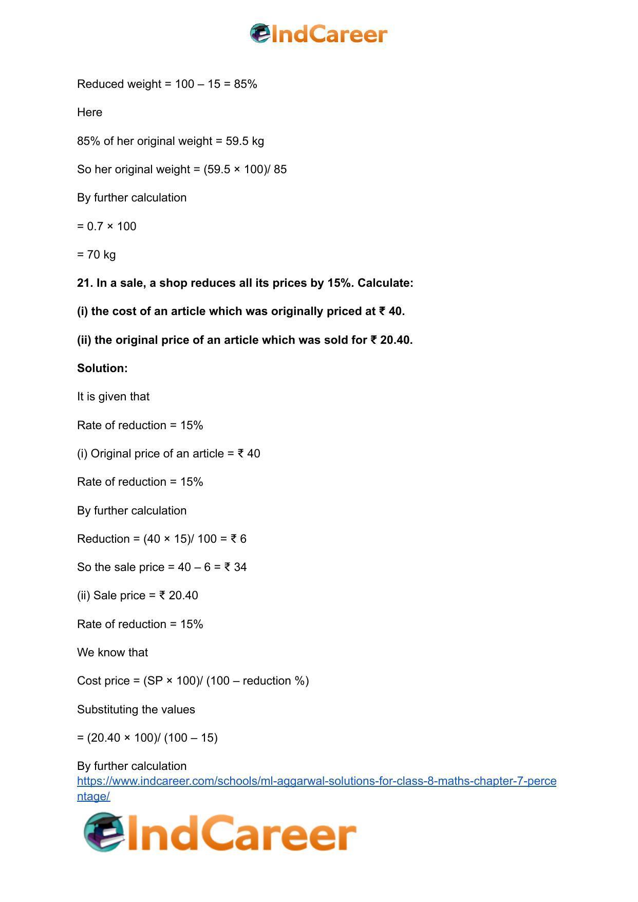 ML Aggarwal Solutions for Class 8 Maths Chapter 7- Percentage - Page 21