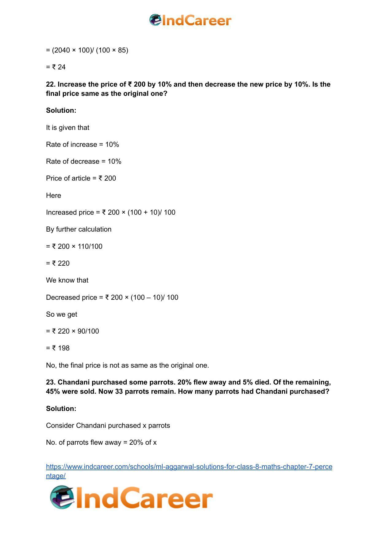 ML Aggarwal Solutions for Class 8 Maths Chapter 7- Percentage - Page 22