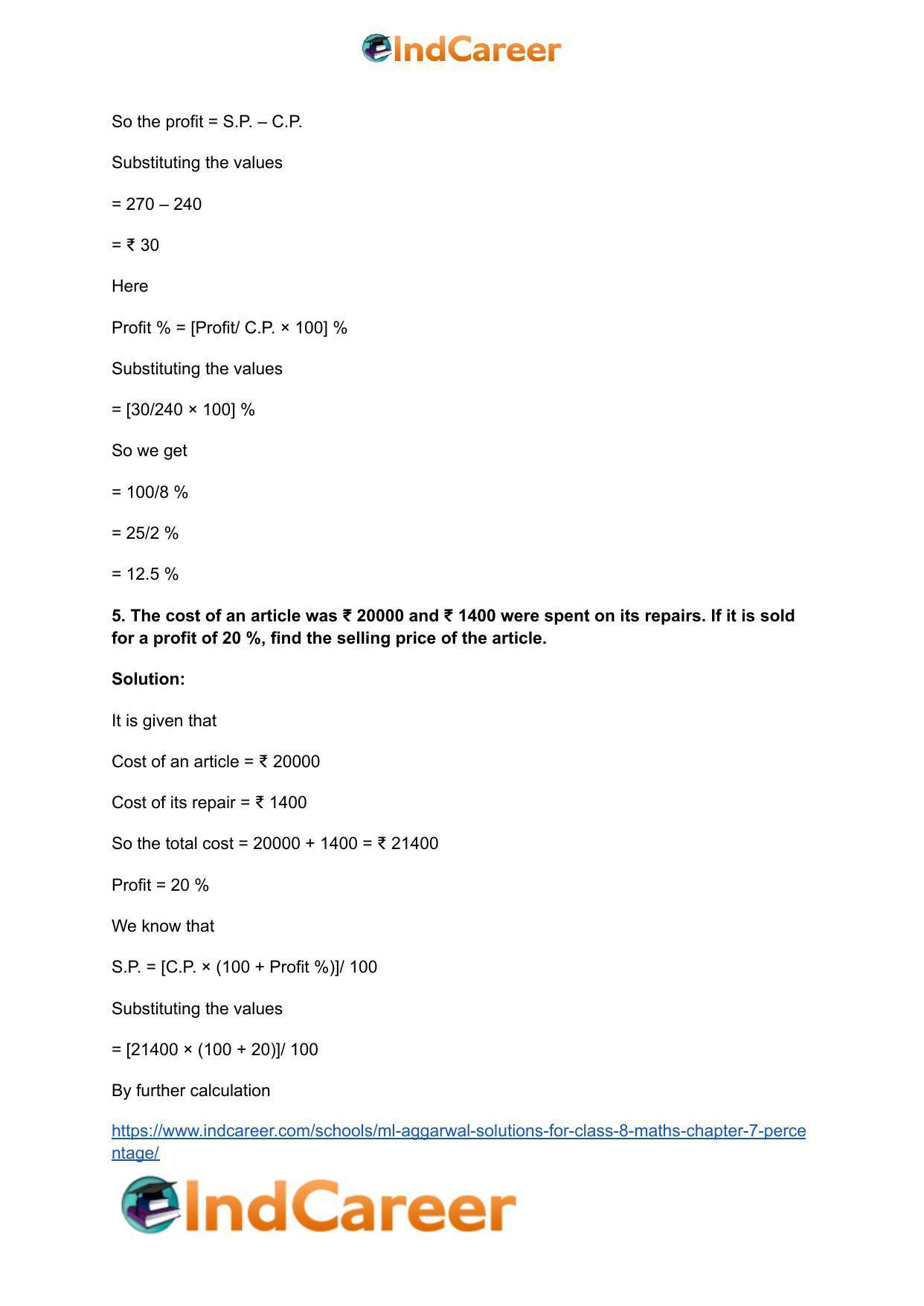 ML Aggarwal Solutions for Class 8 Maths Chapter 7- Percentage - Page 29