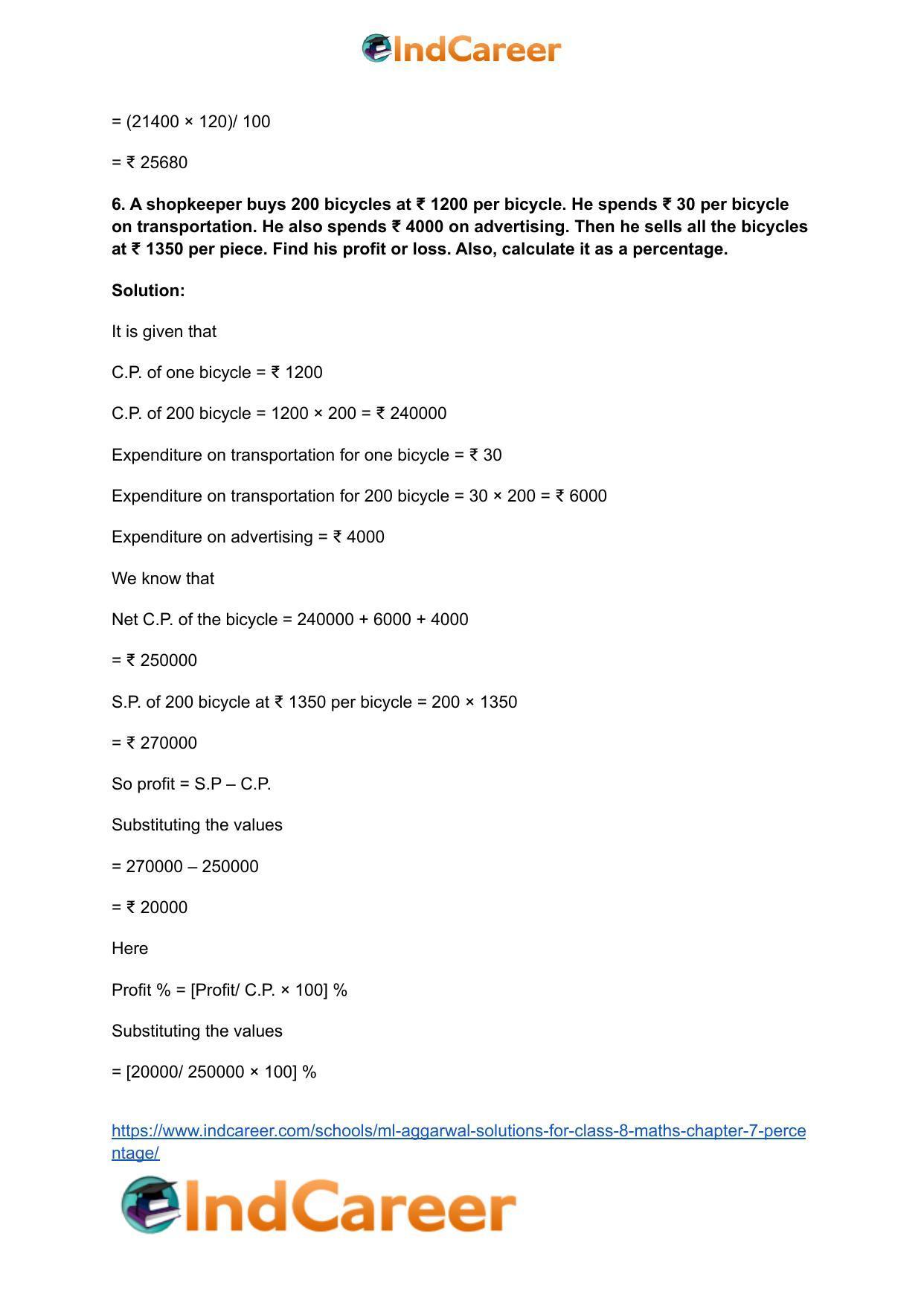 ML Aggarwal Solutions for Class 8 Maths Chapter 7- Percentage - Page 30