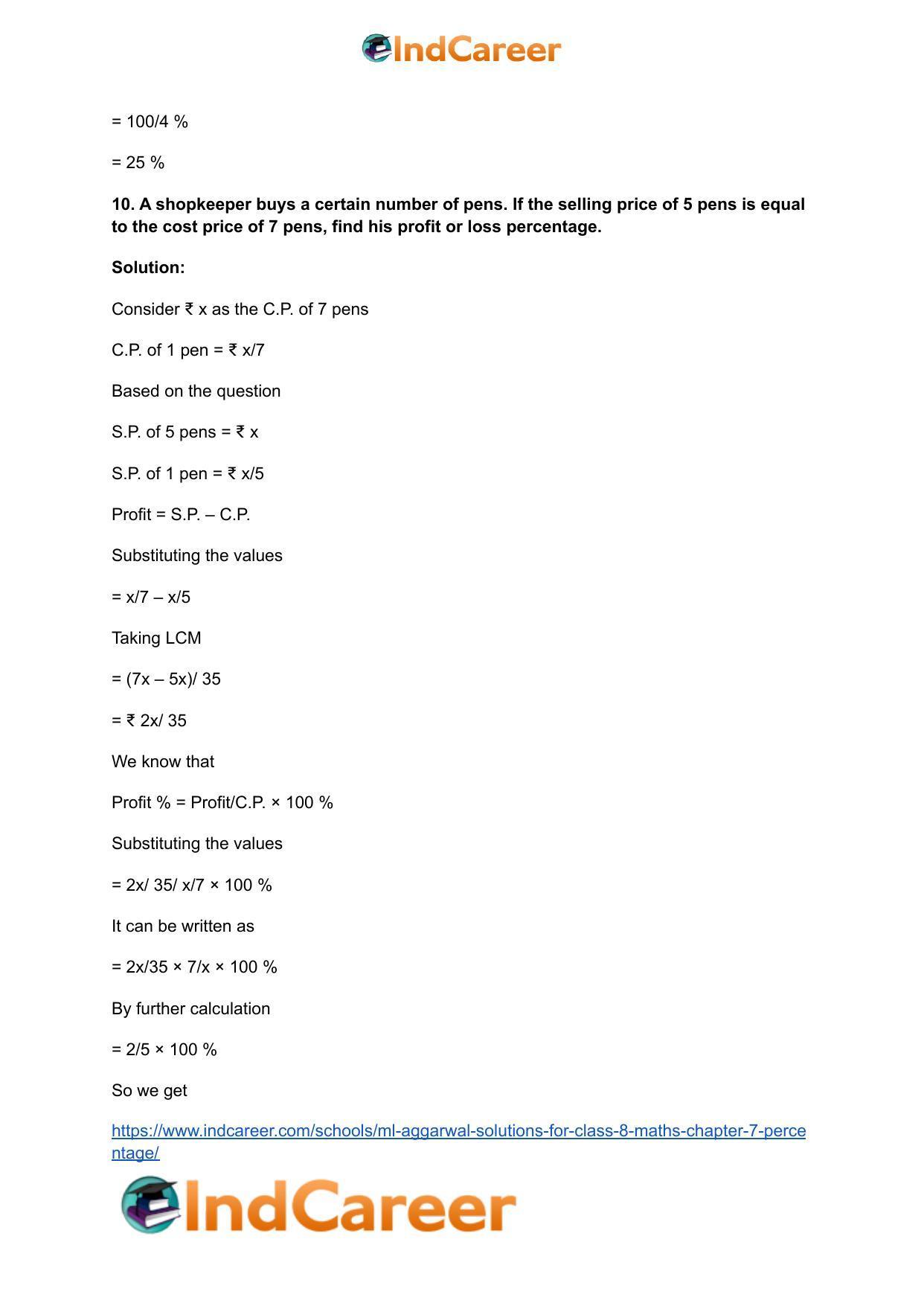ML Aggarwal Solutions for Class 8 Maths Chapter 7- Percentage - Page 34
