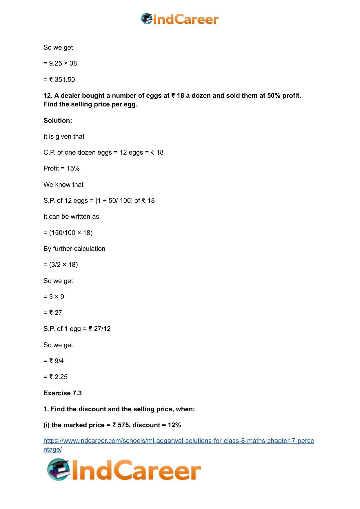 ML Aggarwal Solutions for Class 8 Maths Chapter 7- Percentage - Page 36