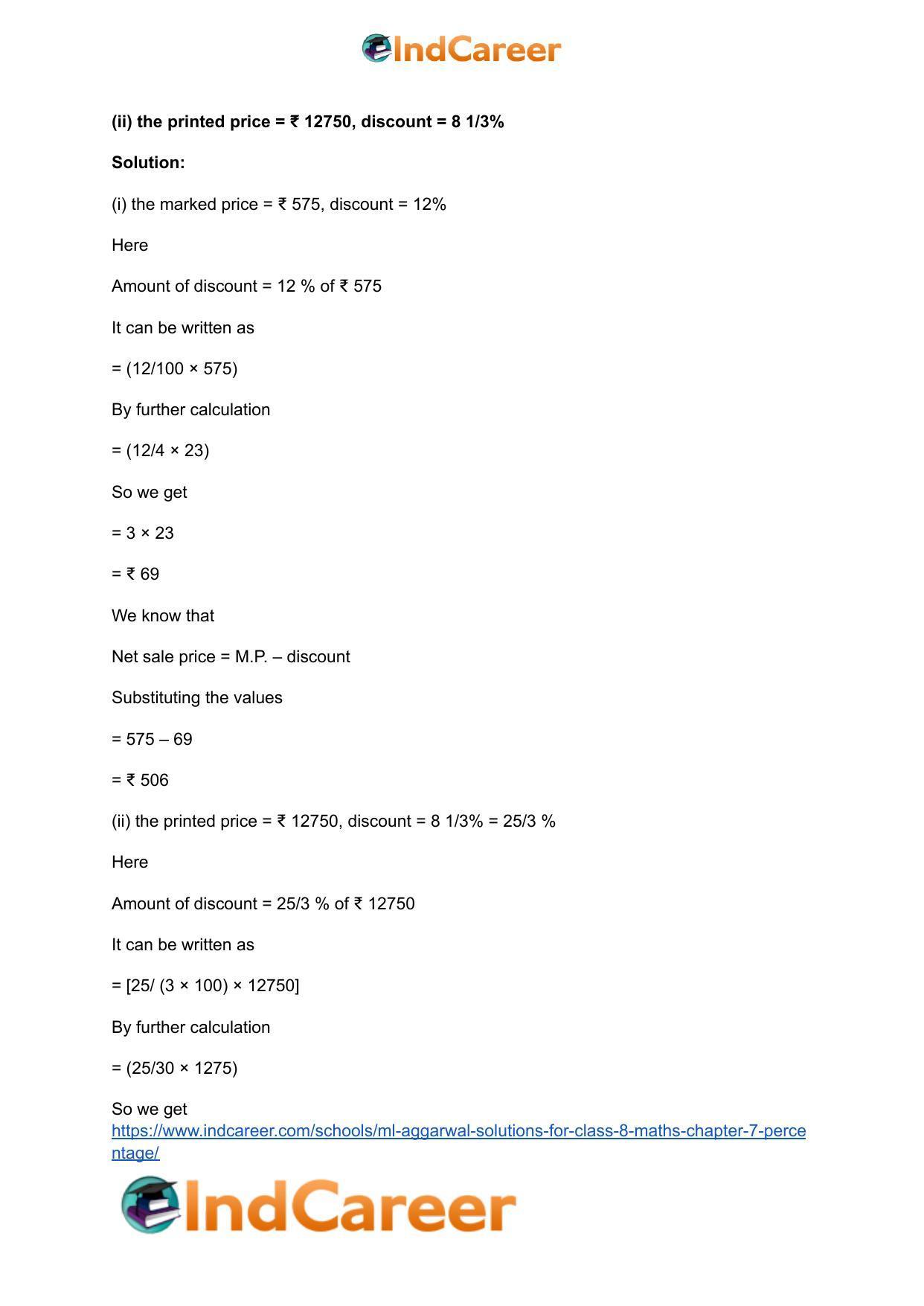 ML Aggarwal Solutions for Class 8 Maths Chapter 7- Percentage - Page 37