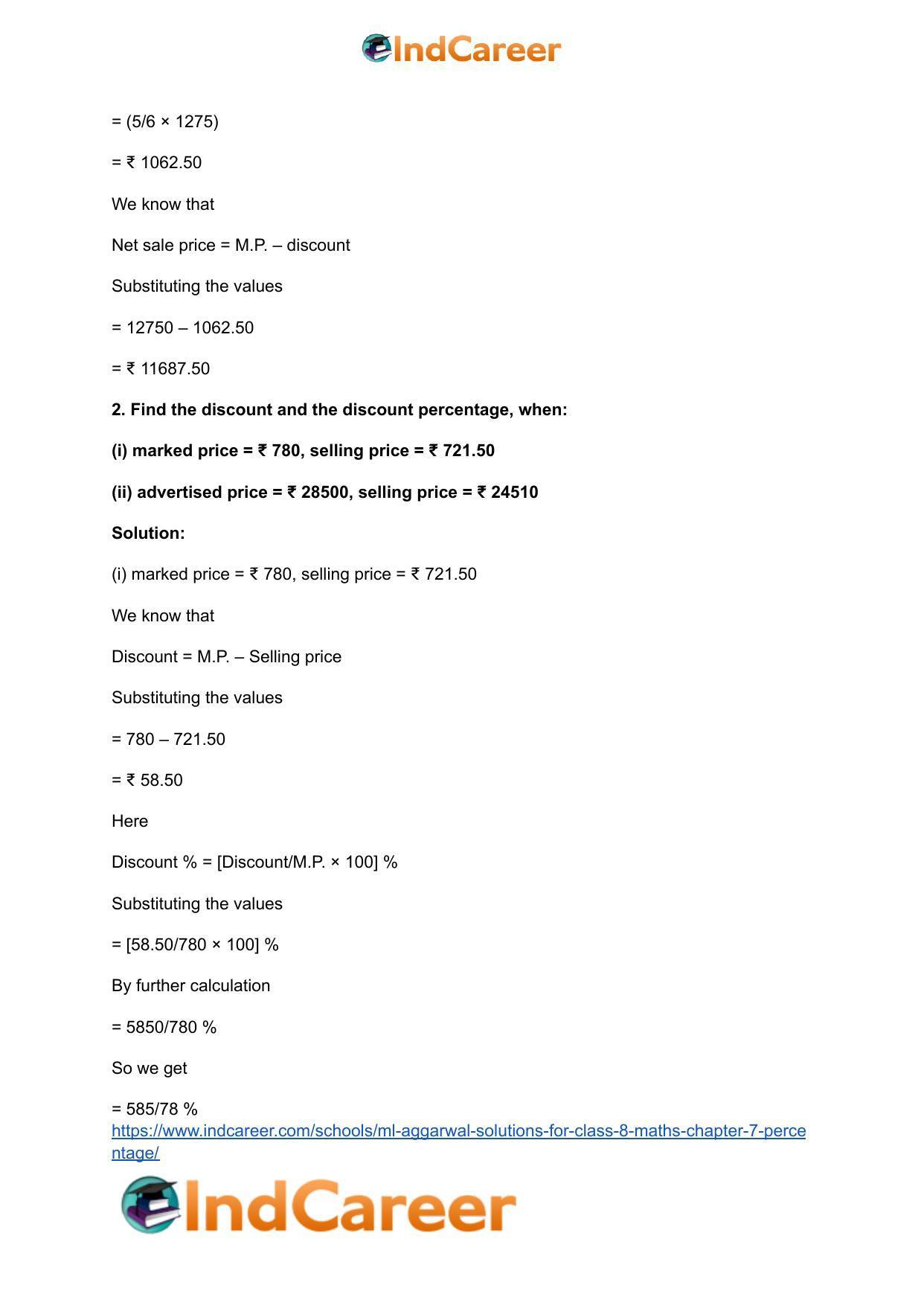 ML Aggarwal Solutions for Class 8 Maths Chapter 7- Percentage - Page 38