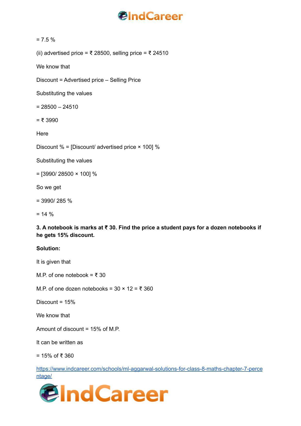 ML Aggarwal Solutions for Class 8 Maths Chapter 7- Percentage - Page 39