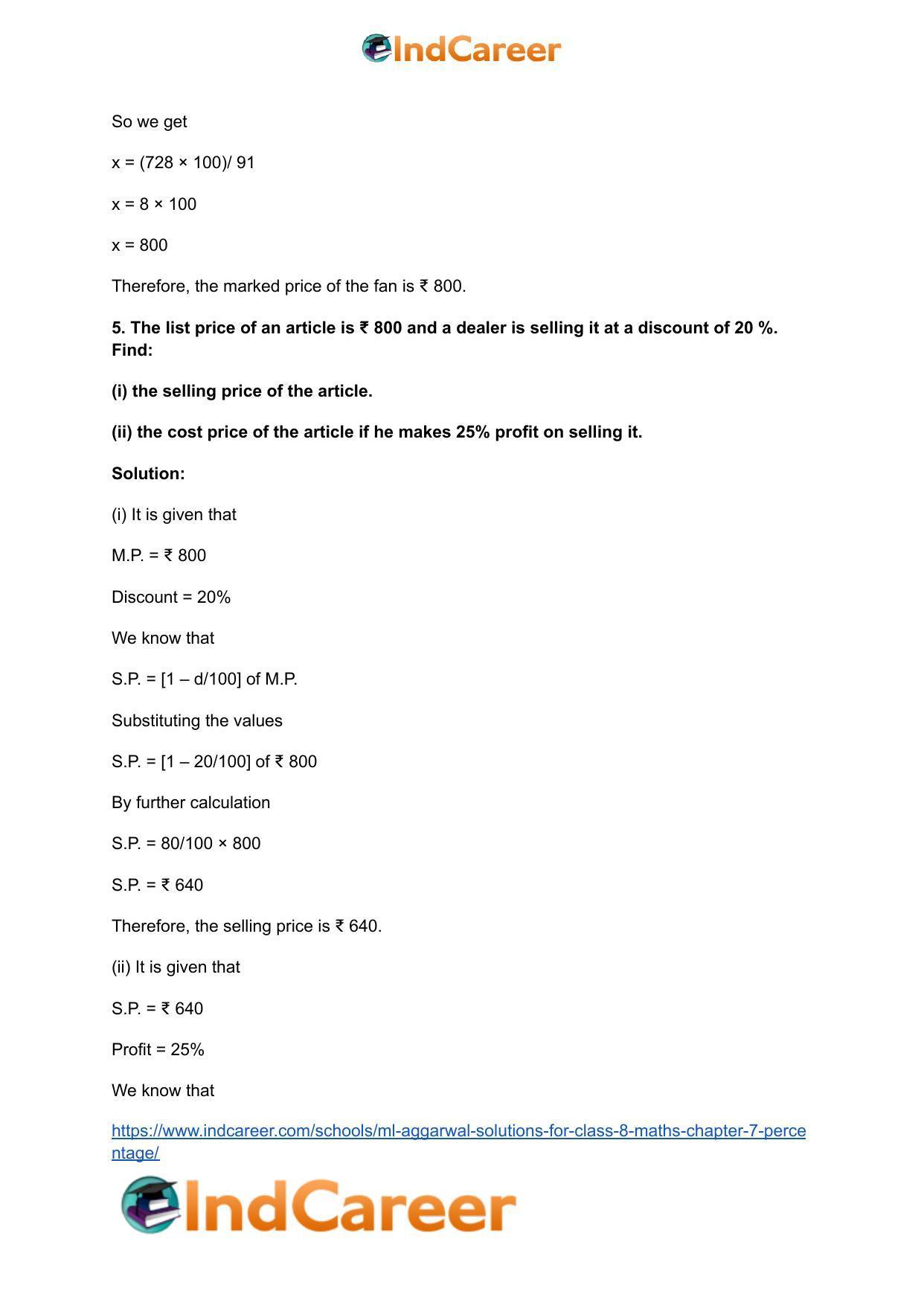 ML Aggarwal Solutions for Class 8 Maths Chapter 7- Percentage - Page 41