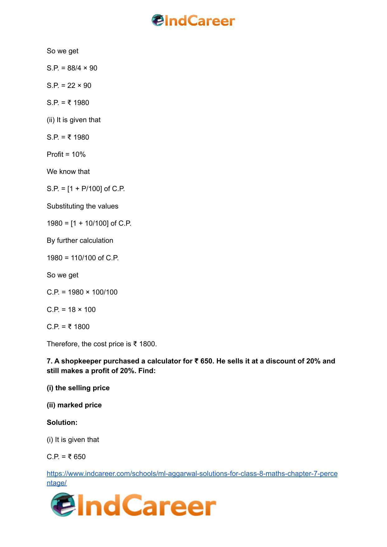ML Aggarwal Solutions for Class 8 Maths Chapter 7- Percentage - Page 43