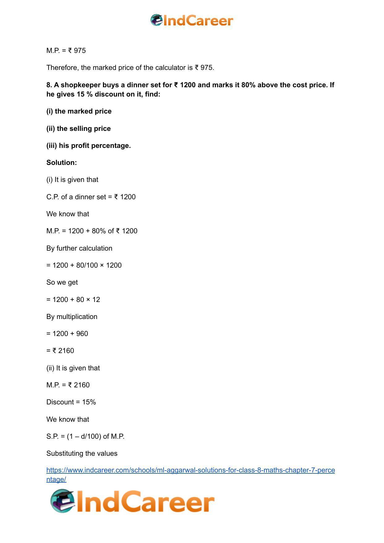 ML Aggarwal Solutions for Class 8 Maths Chapter 7- Percentage - Page 45
