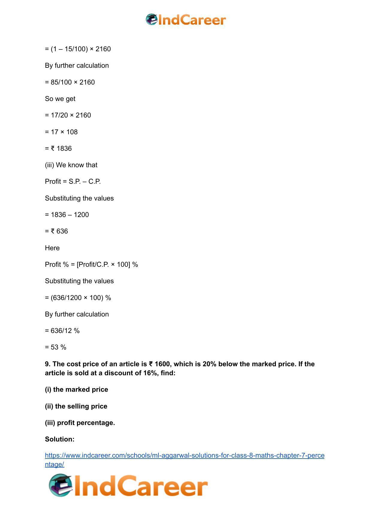 ML Aggarwal Solutions for Class 8 Maths Chapter 7- Percentage - Page 46