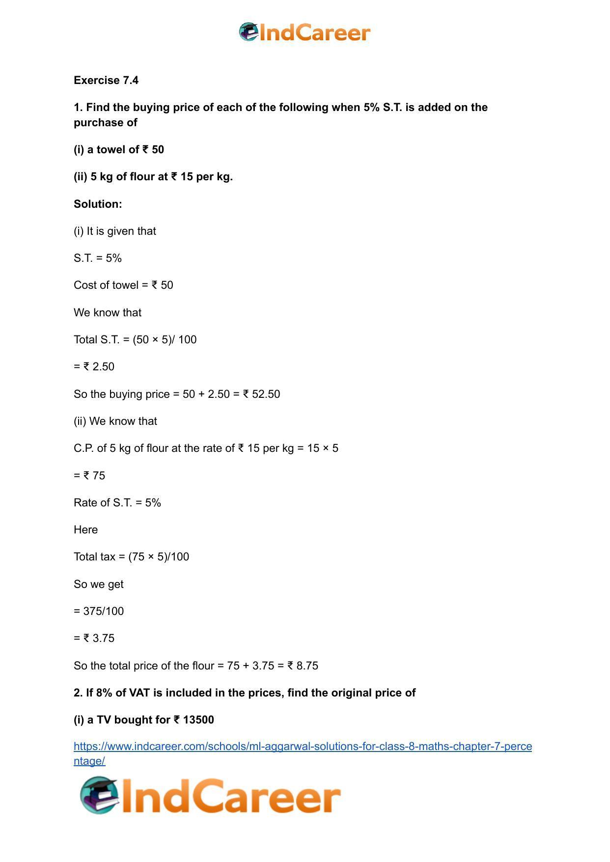 ML Aggarwal Solutions for Class 8 Maths Chapter 7- Percentage - Page 50