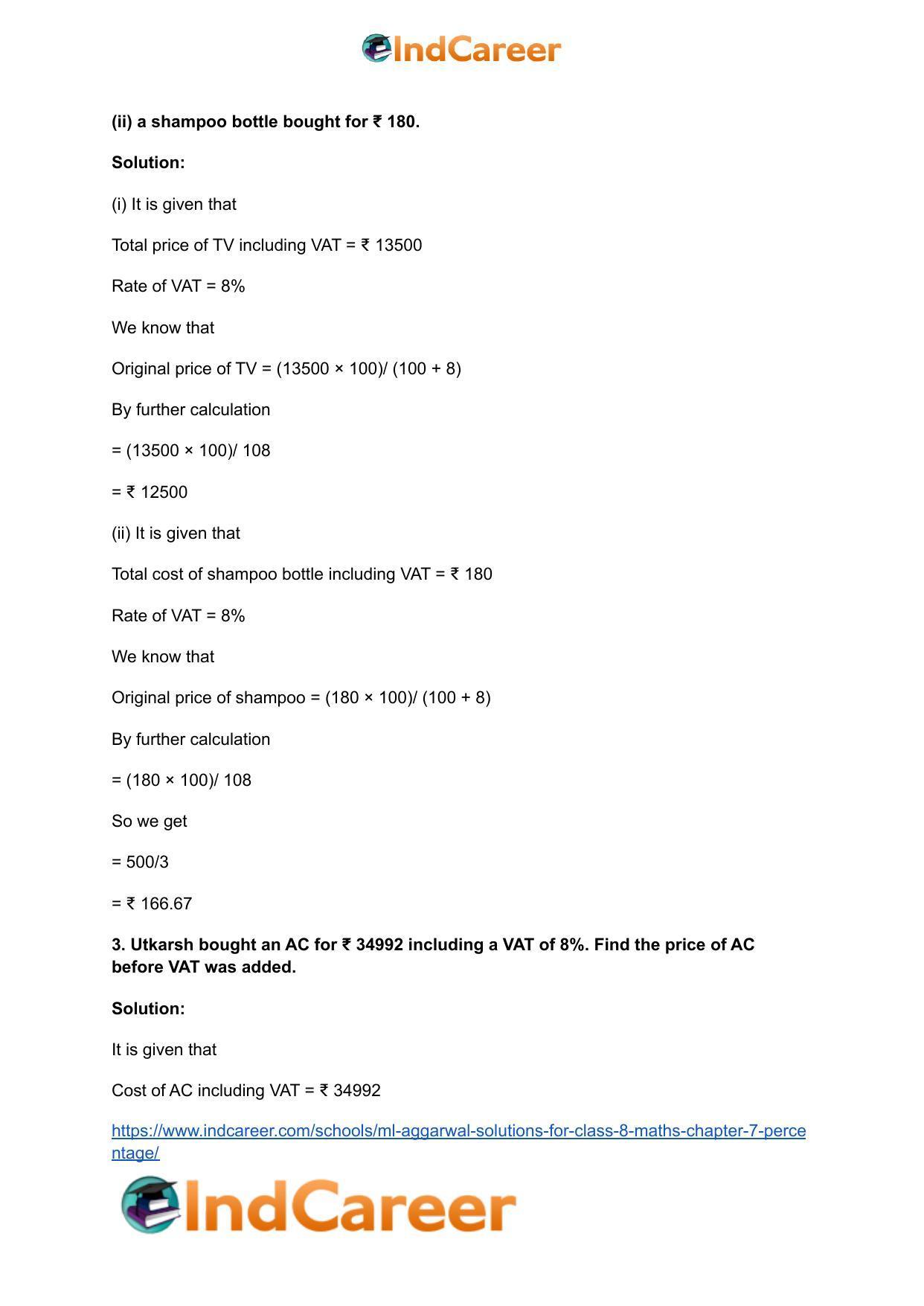 ML Aggarwal Solutions for Class 8 Maths Chapter 7- Percentage - Page 51