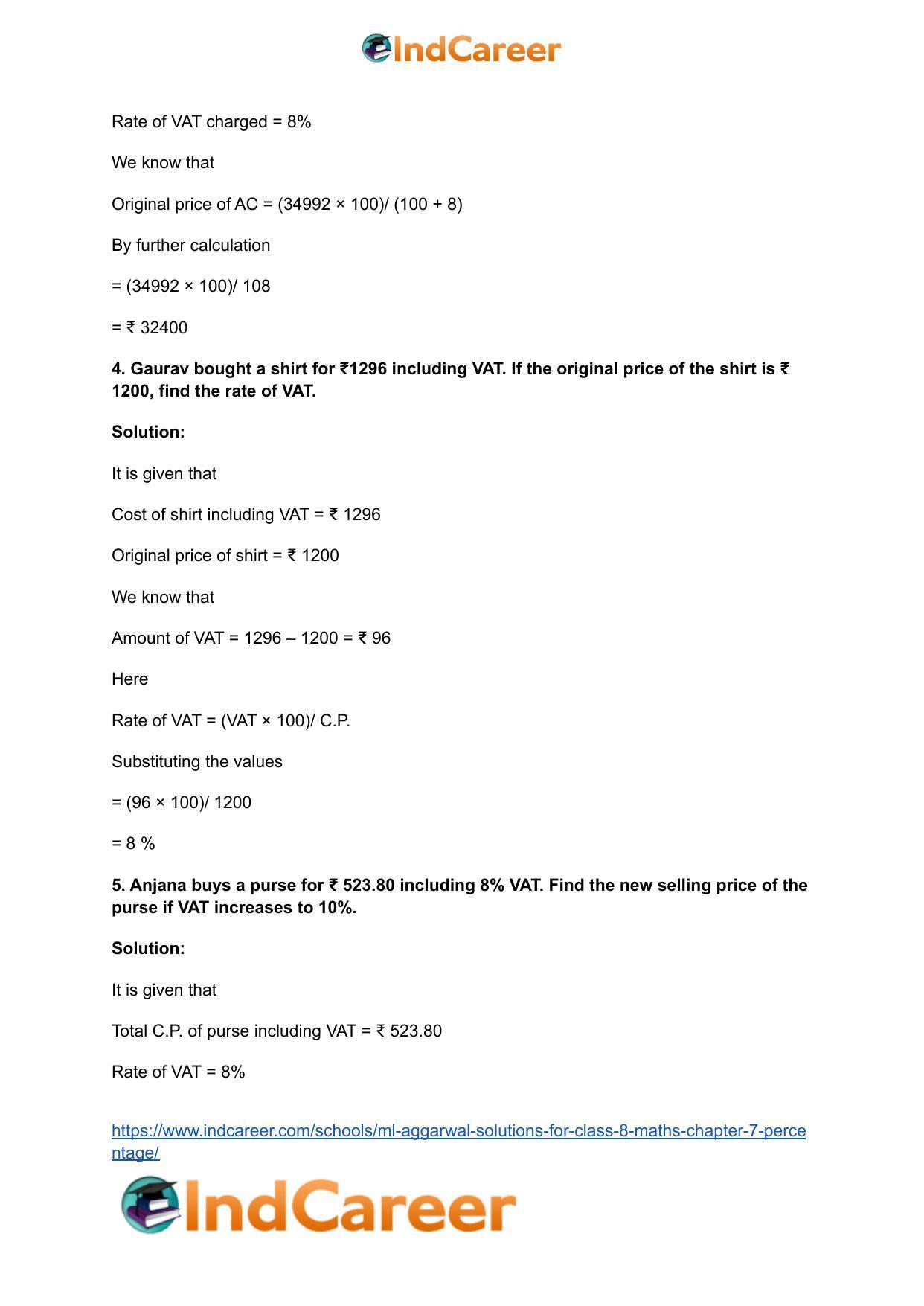 ML Aggarwal Solutions for Class 8 Maths Chapter 7- Percentage - Page 52