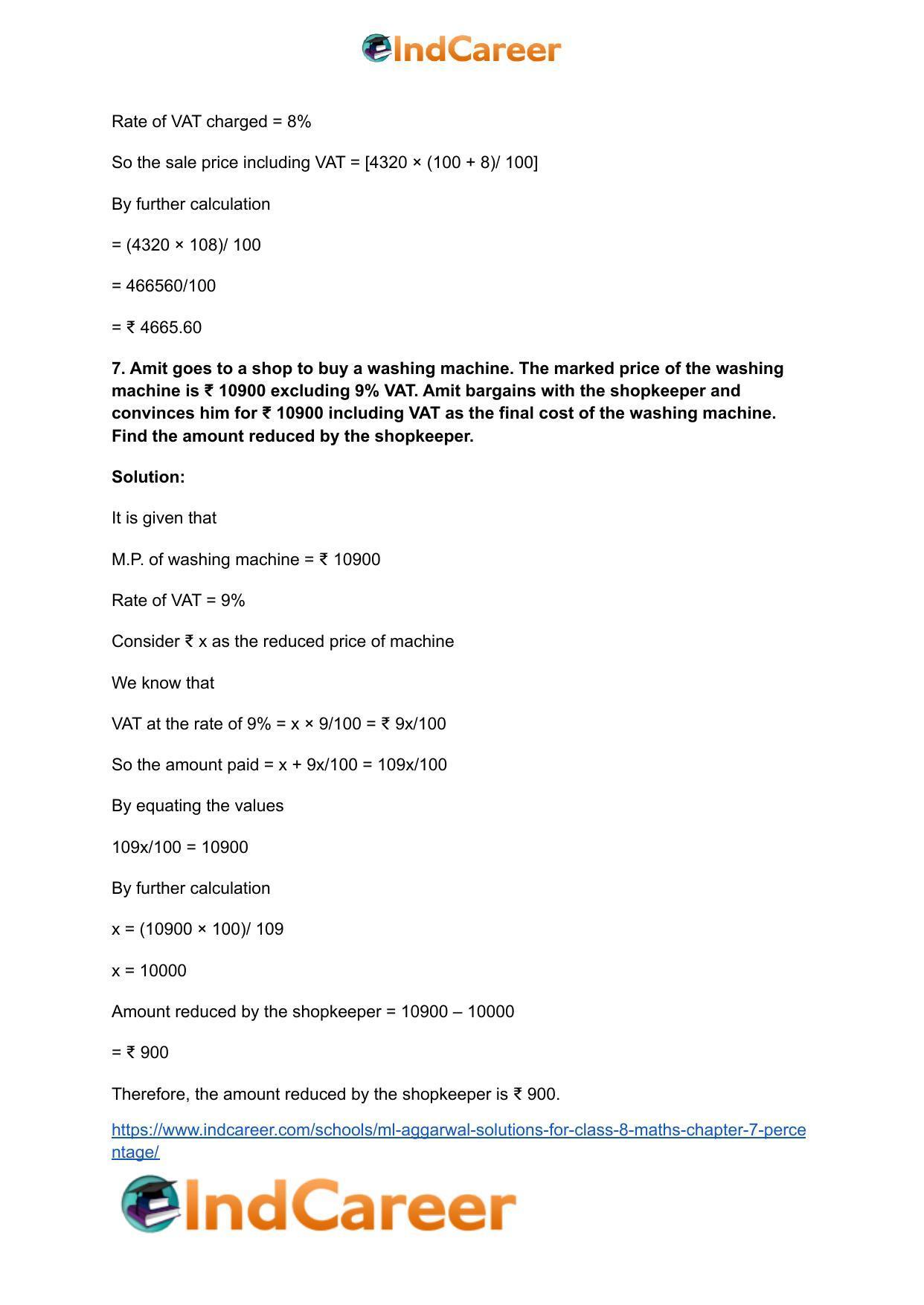 ML Aggarwal Solutions for Class 8 Maths Chapter 7- Percentage - Page 54