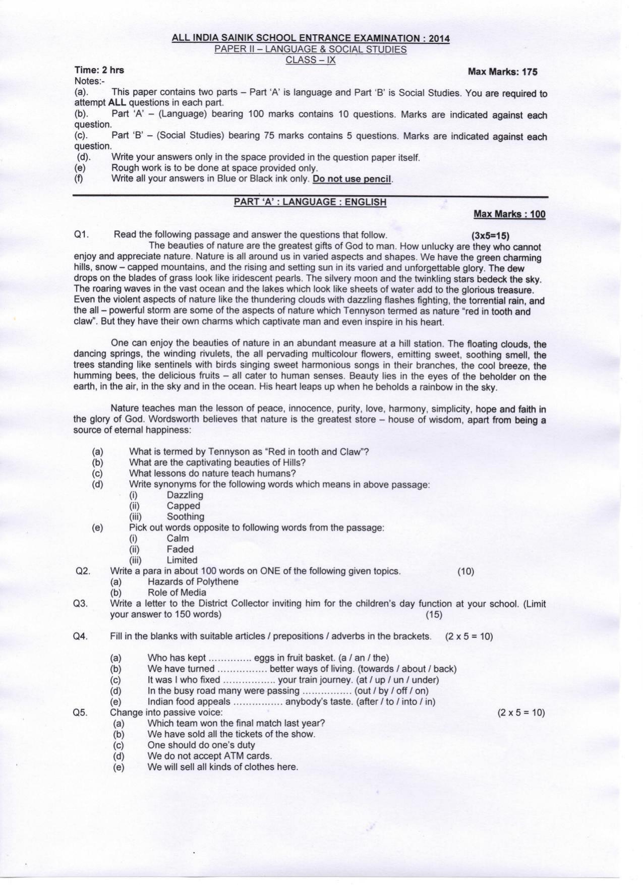 Sainik School Class 9 Question Paper 2014 in English - Page 5