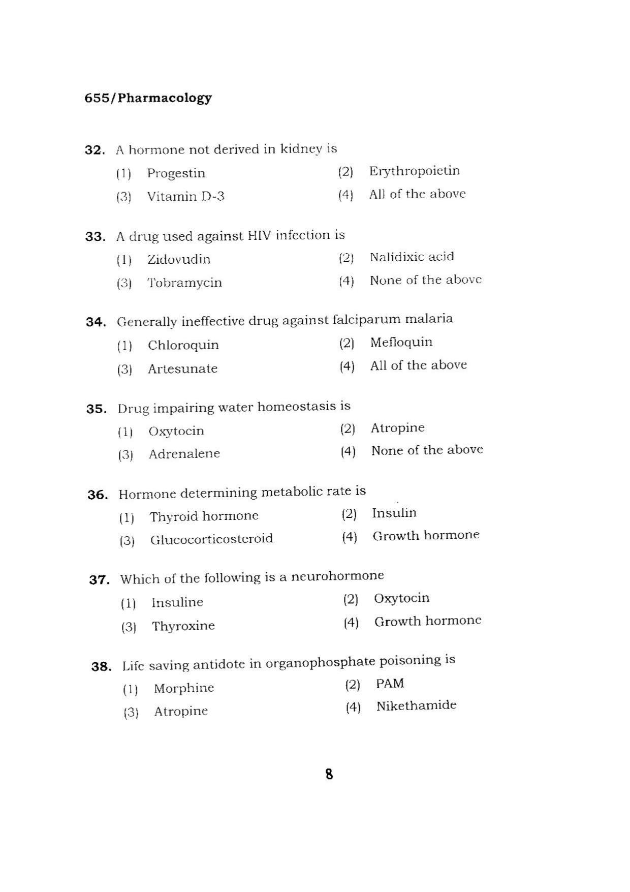 BHU RET PHARMACOLOGY 2015 Question Paper - Page 8