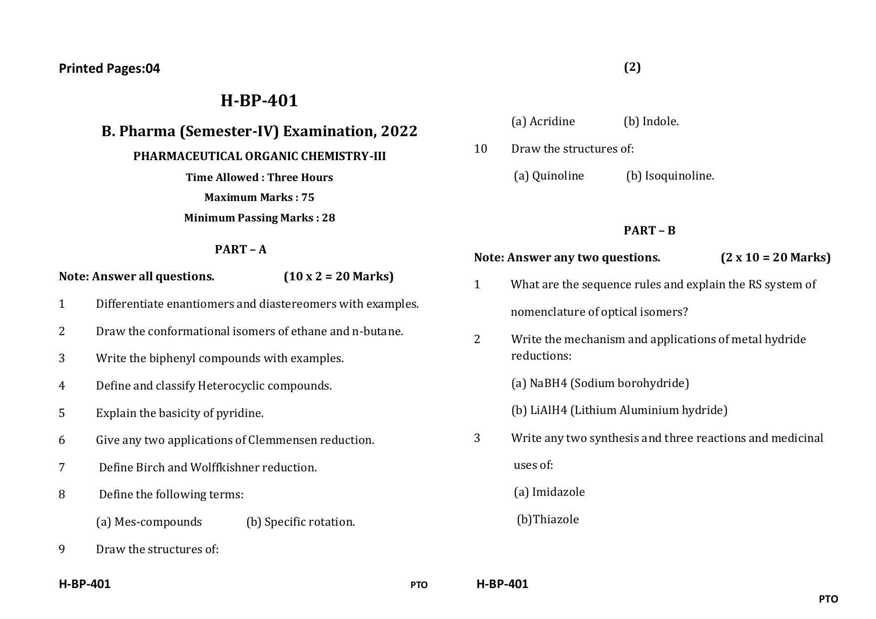 Sarguja University Question Paper - 2022 : Bachelor Of Pharmacy Sem-IV Pharmaceutical Organic Chemistry-III Paper 1 - Page 1