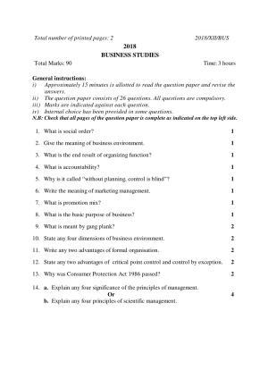 Nagaland Board Class 12 BUSINESS STUDIES 2018 Question Papers